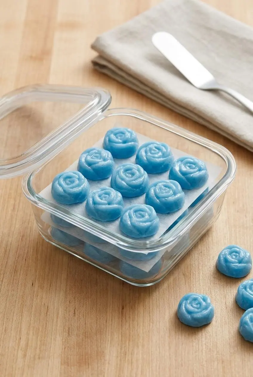 Clear airtight container packed with rows of shaped mints separated by parchment paper sheets.