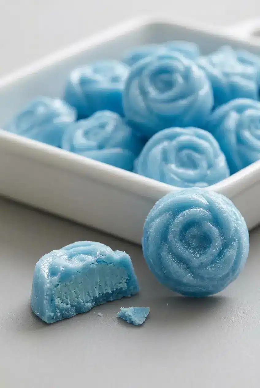 Broken cream cheese mint revealing a velvety soft interior and matte chalky exterior crust.