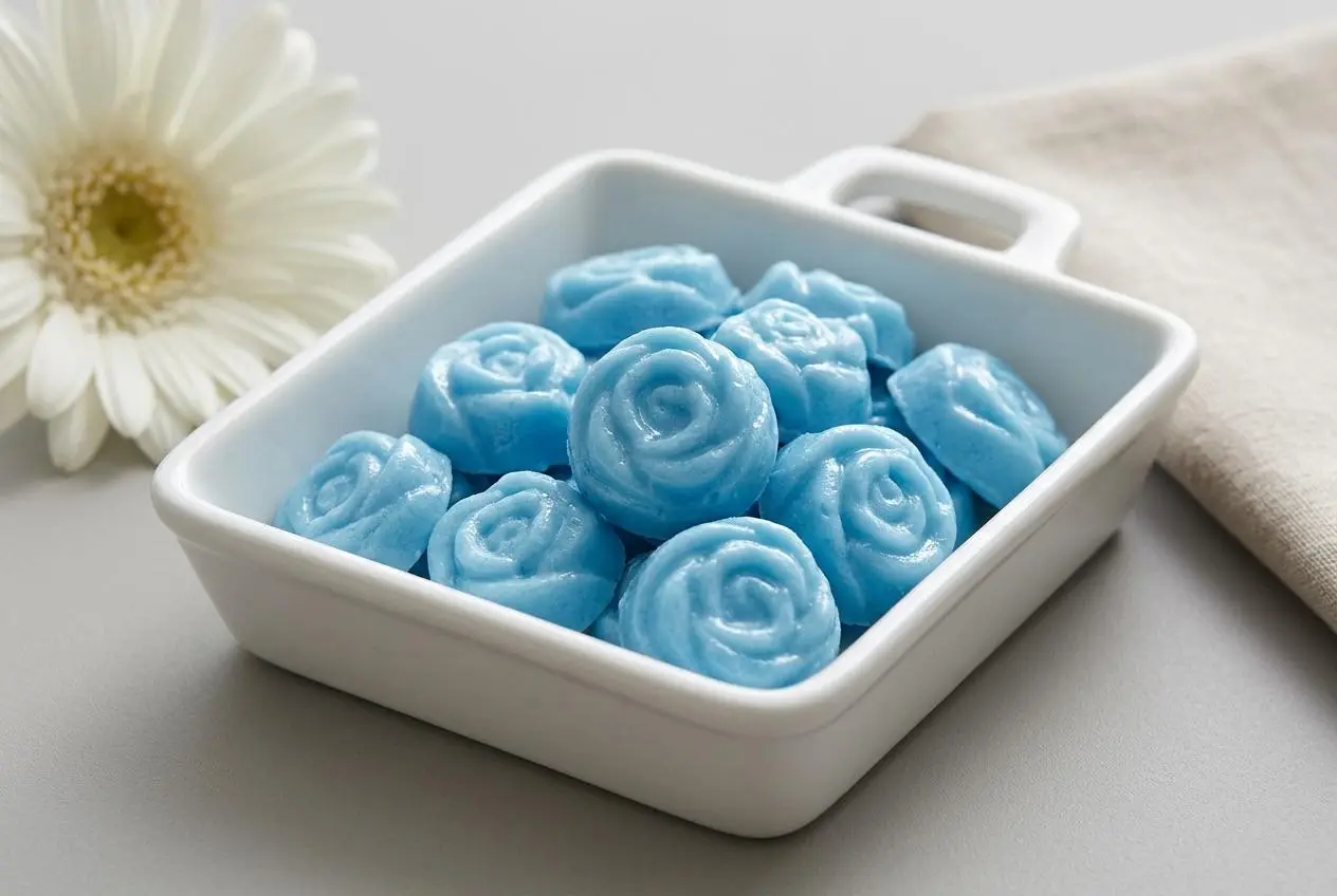 Pastel cream cheese mints with distinct fork-tine ridges and smooth molded shapes on a platter.