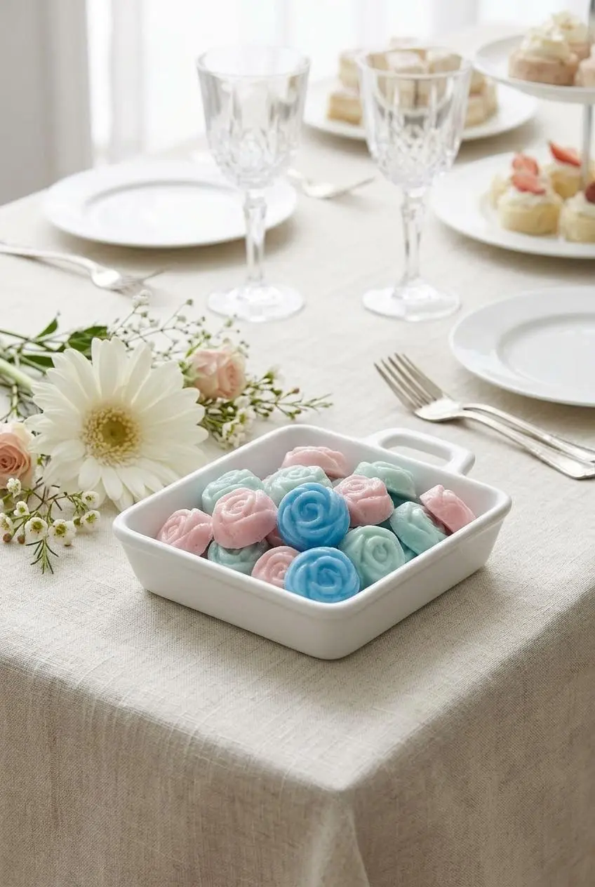Tiered dessert pedestal filled with pastel pink, ivory, and mint green wedding mints.