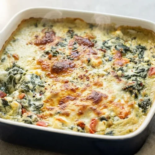 Baked spanakopita dip with a golden broiled cheese topping and rich spinach filling