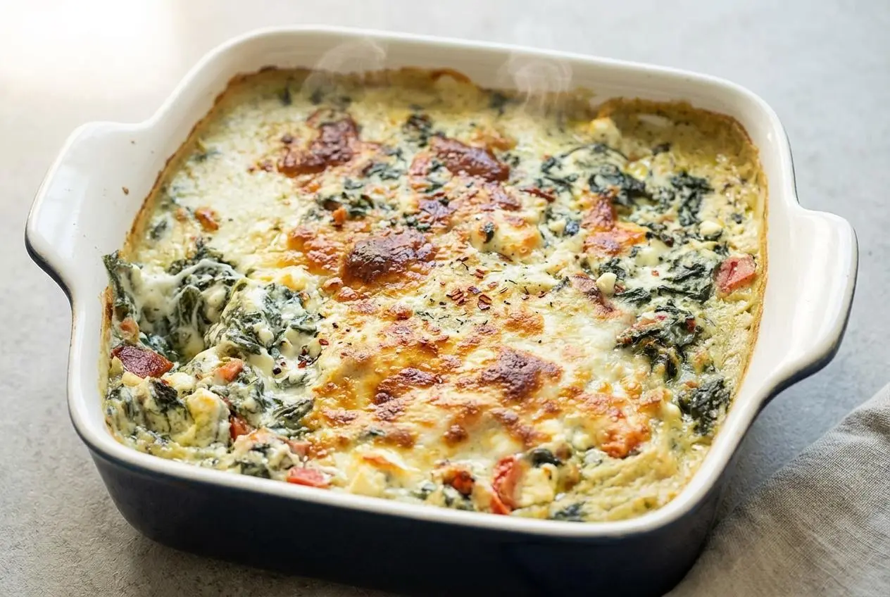 Baked spanakopita dip with a golden broiled cheese topping and rich spinach filling