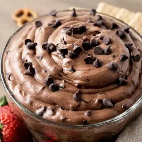 Bowl of creamy brownie batter dip topped with mini chocolate chips and a soft fudgy swirl