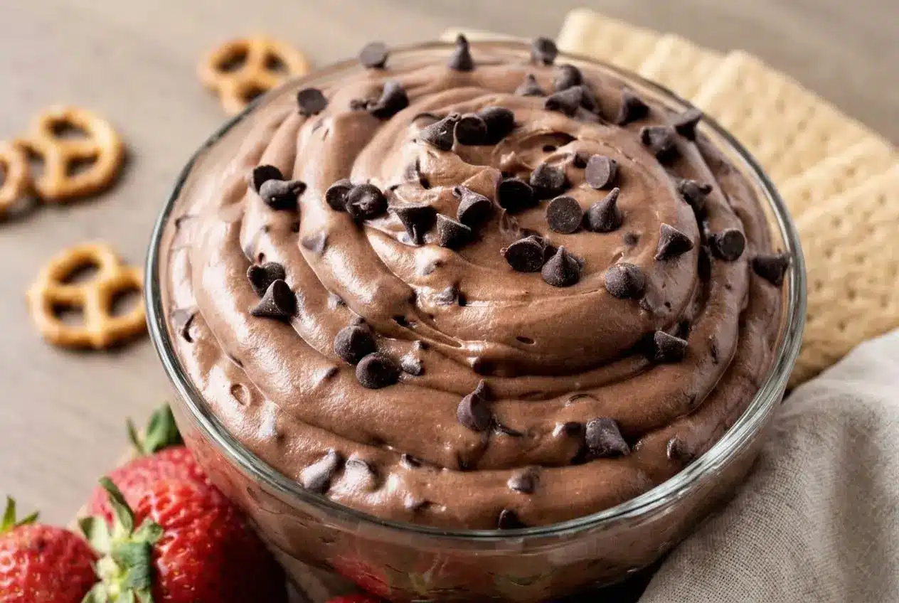 Bowl of creamy brownie batter dip topped with mini chocolate chips and a soft fudgy swirl