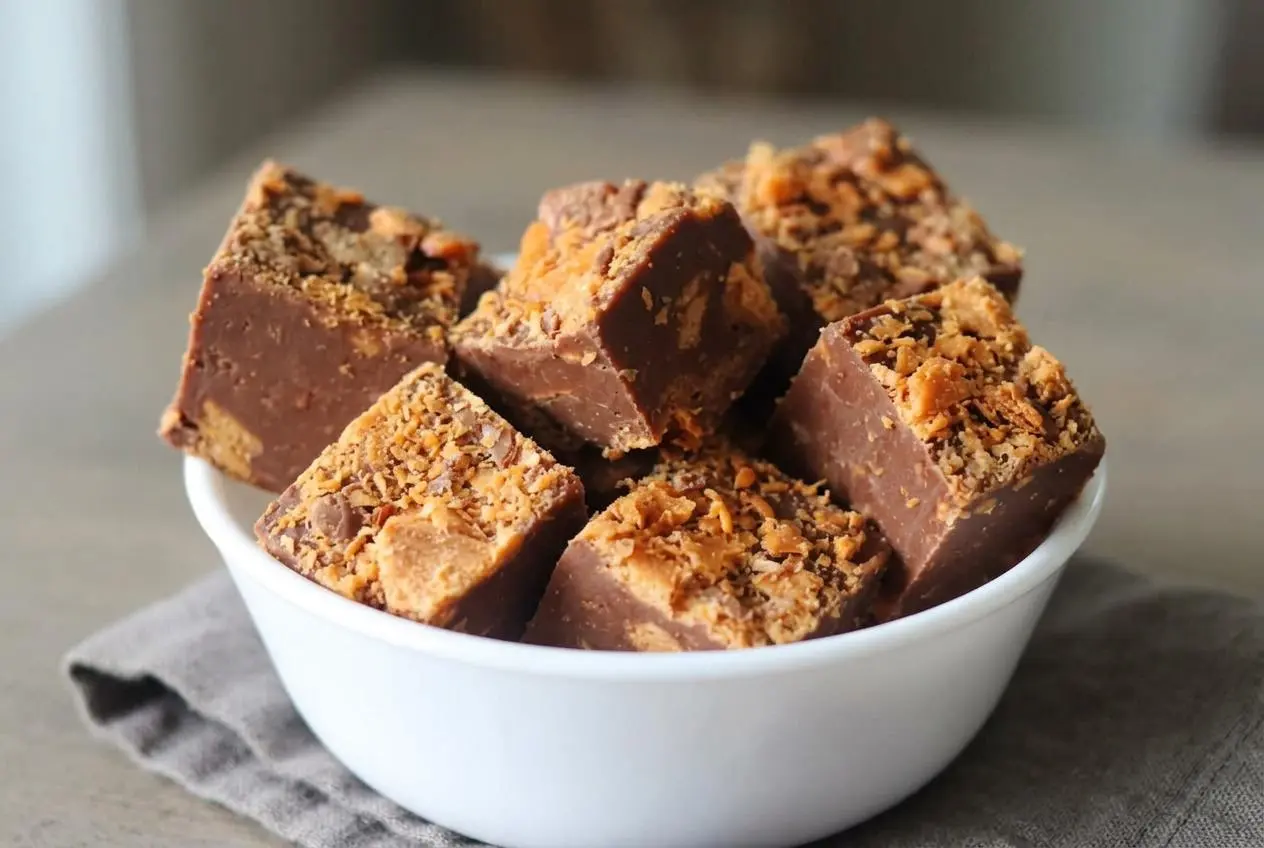 Creamy chocolate and peanut butter butterfinger fudge squares topped with crispy chopped candy bar pieces