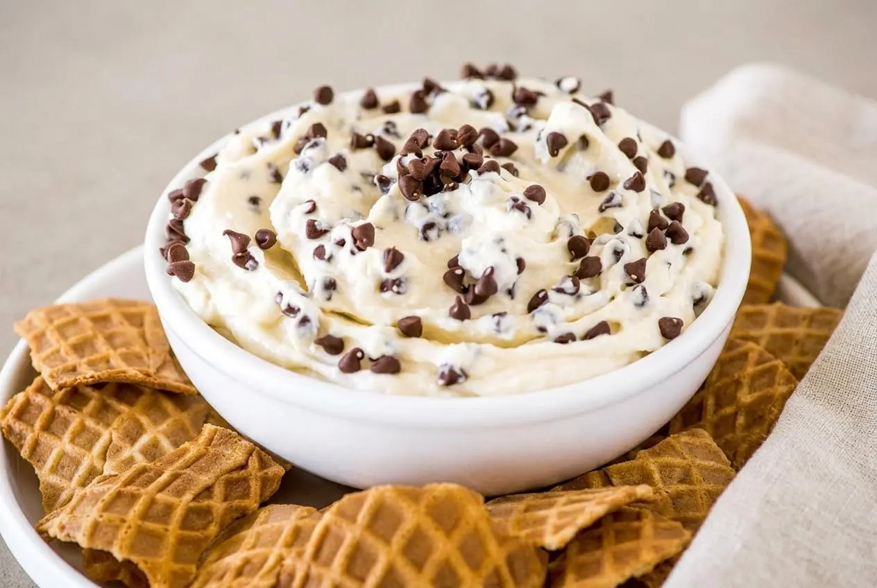 Creamy cannoli dip topped with mini chocolate chips served with crisp broken waffle cones.