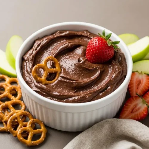 Bowl of rich chocolate hummus recipe with a glossy, fudgy finish.