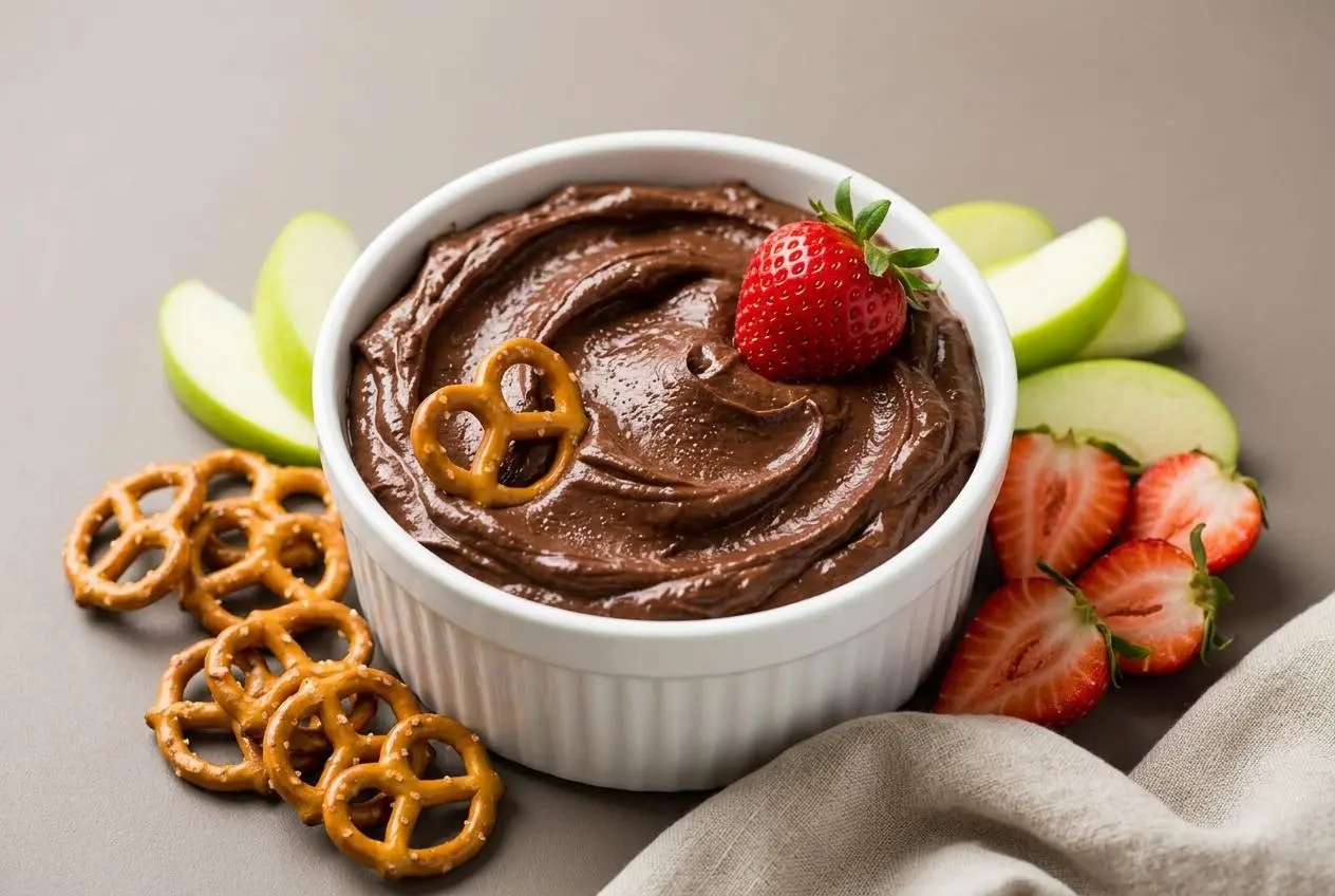 Bowl of rich chocolate hummus recipe with a glossy, fudgy finish.