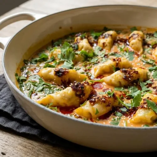 One-pan dumpling bake with plump gyoza in creamy red coconut curry broth, wilted spinach, chili crisp, and fresh herbs.