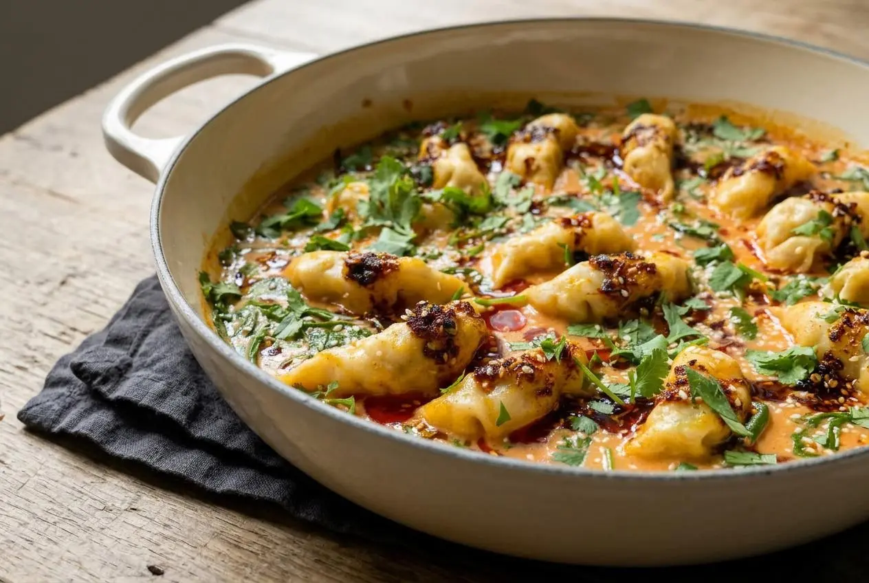 One-pan dumpling bake with plump gyoza in creamy red coconut curry broth, wilted spinach, chili crisp, and fresh herbs.