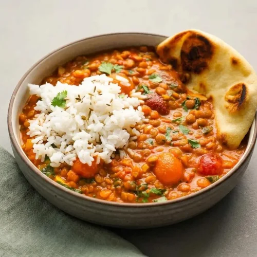 Creamy Coconut Lentil Curry in a bowl garnished with fresh cilantro and burst cherry tomatoes.