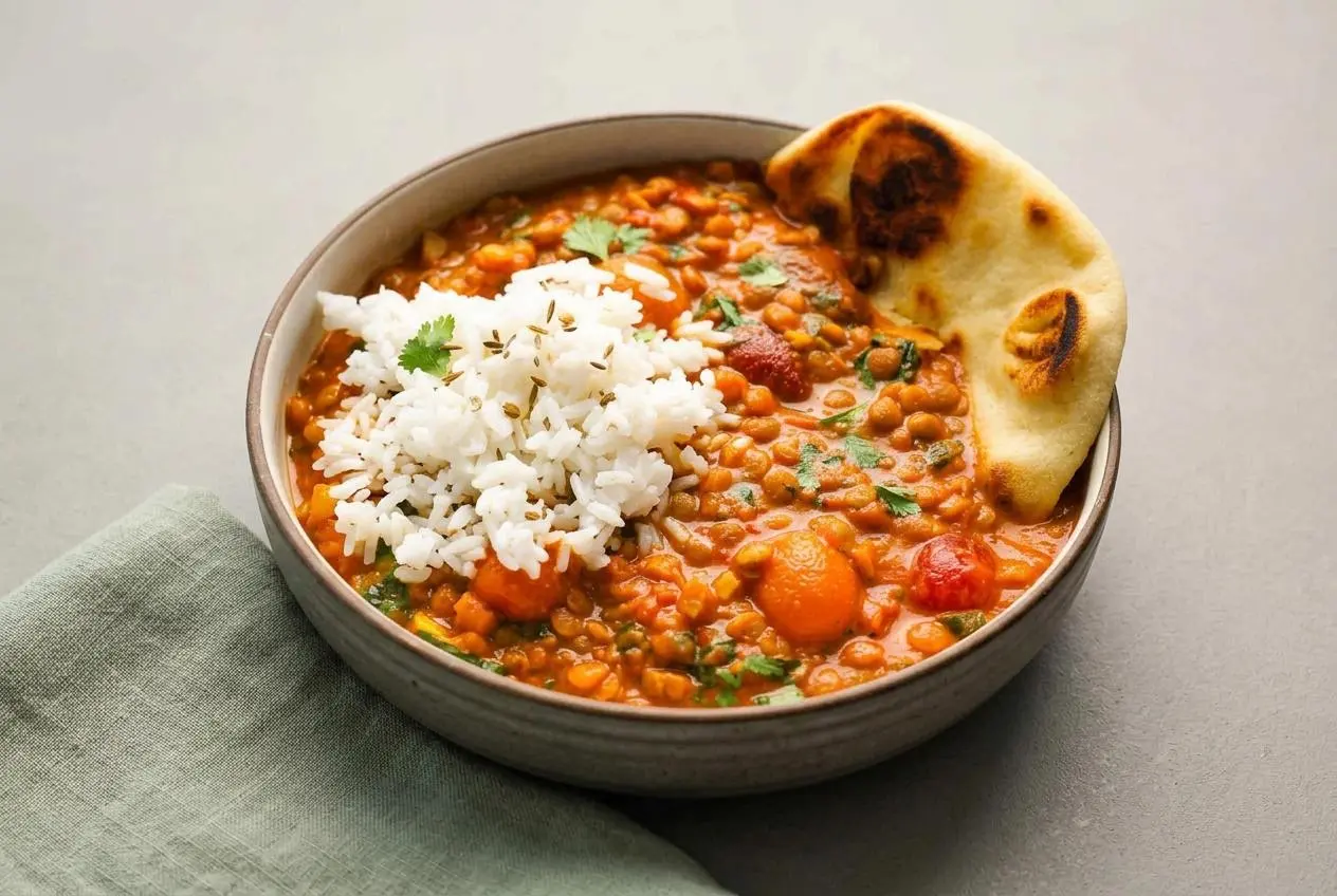 Creamy Coconut Lentil Curry in a bowl garnished with fresh cilantro and burst cherry tomatoes.