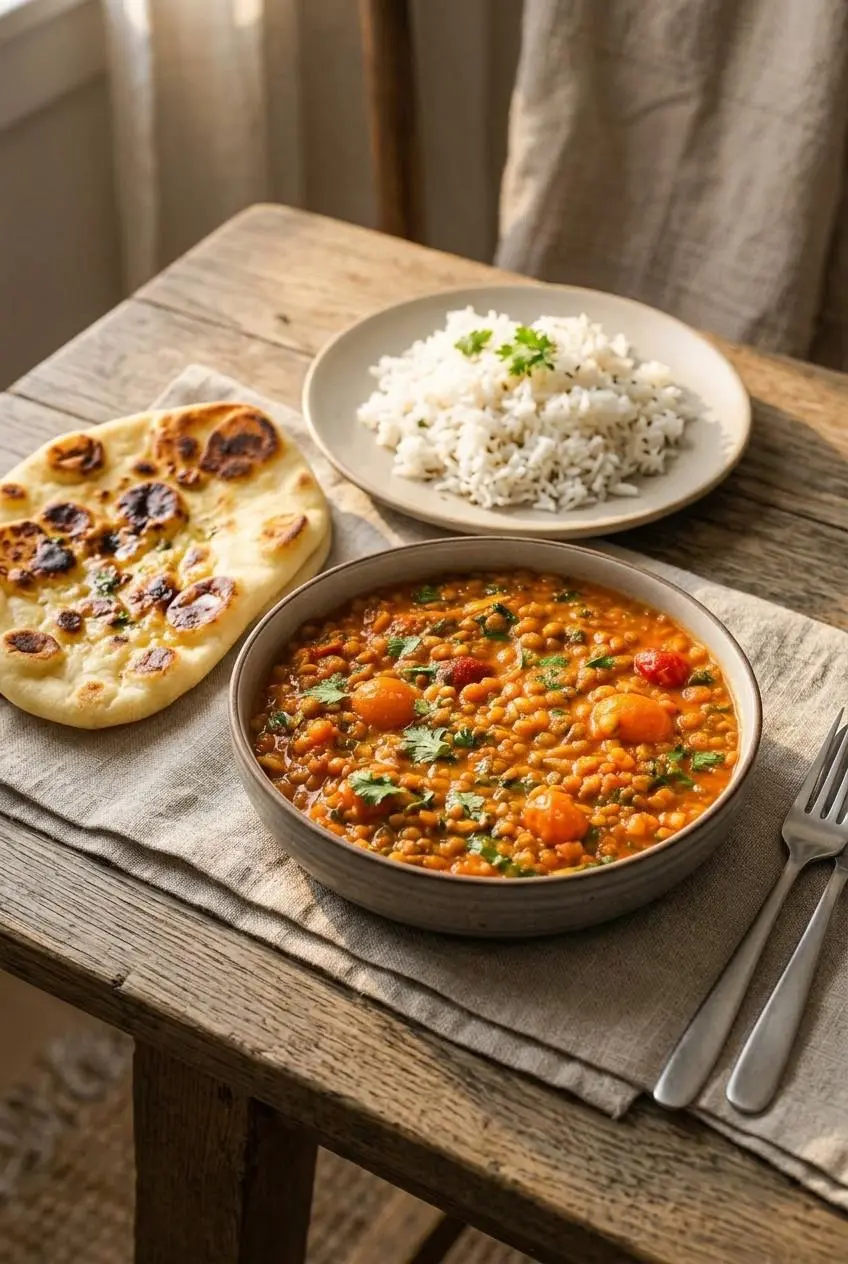 Bowl of coconut lentil curry served alongside steamed basmati rice and warm blistered garlic naan.