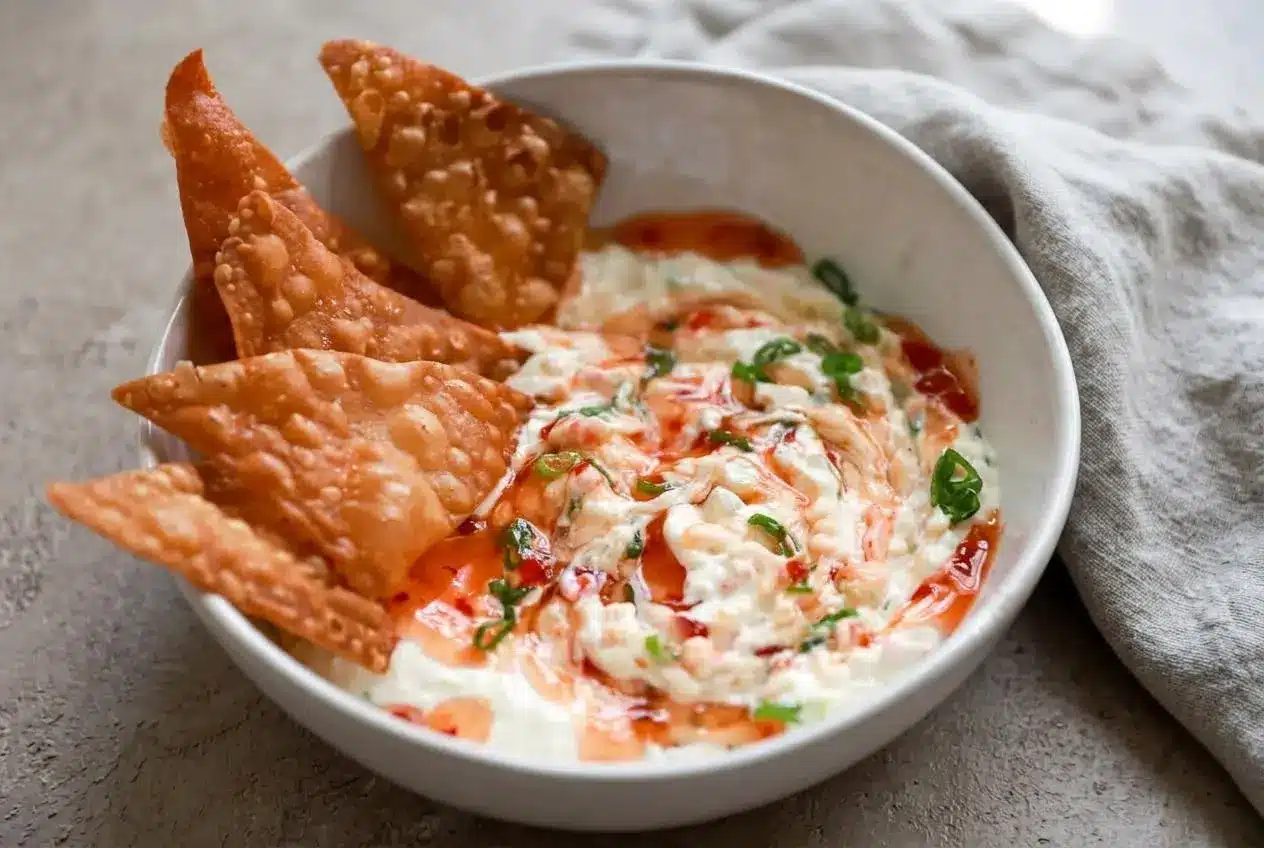 Creamy crab rangoon dip topped with glossy sweet chili sauce and scallions alongside crispy fried wonton chips.