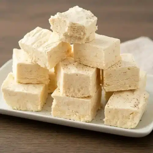 Creamy eggnog fudge squares topped with freshly grated nutmeg flecks on a serving dish.