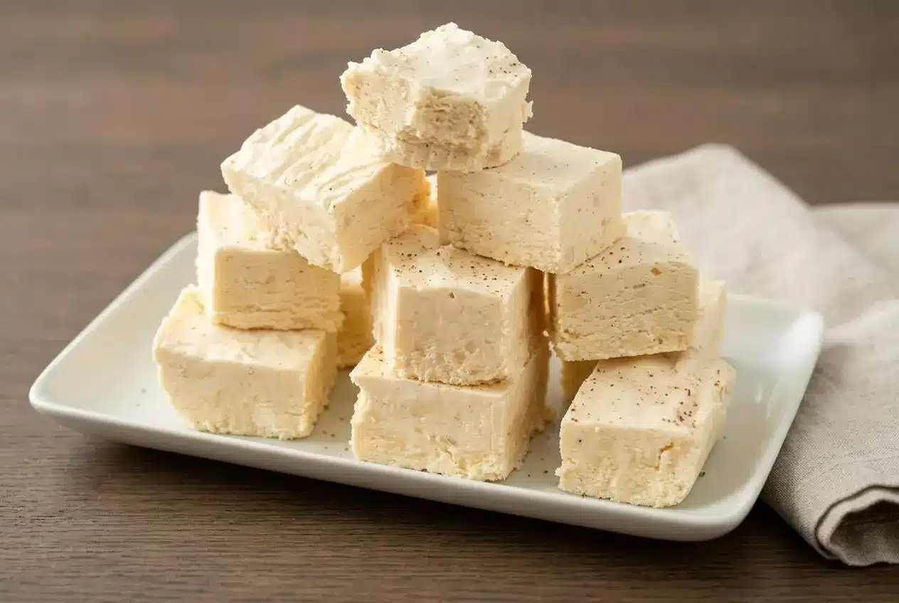Creamy eggnog fudge squares topped with freshly grated nutmeg flecks on a serving dish.