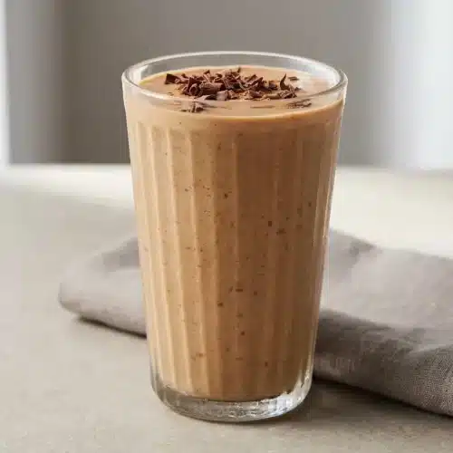 Thick, frosty Coffee Smoothie in a glass topped with ground cinnamon and dark chocolate shavings