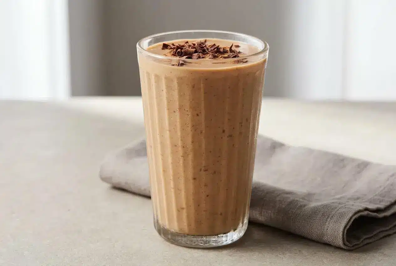 Thick, frosty Coffee Smoothie in a glass topped with ground cinnamon and dark chocolate shavings