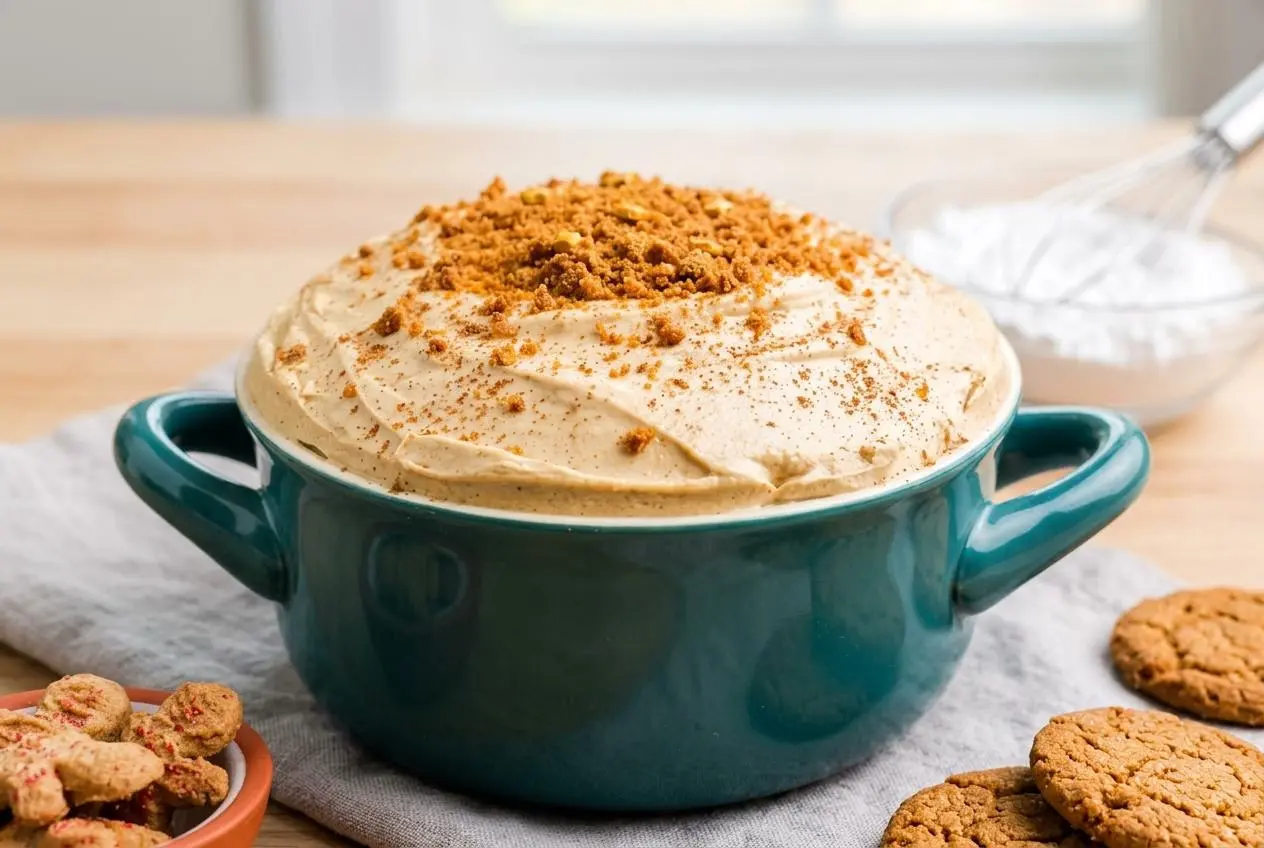 Bowl of creamy gingerbread cheesecake dip topped with crumbled gingersnap cookies and warm spices