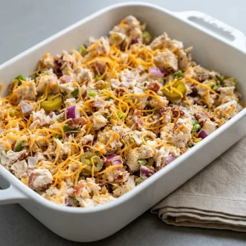 Bowl of creamy jalapeno popper chicken salad with crispy crumbled bacon, shredded cheddar, diced red onion, and jalapenos