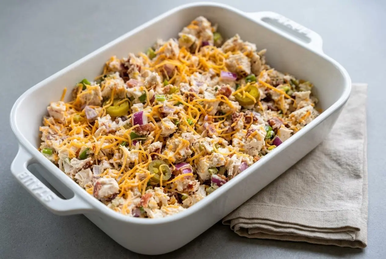Bowl of creamy jalapeno popper chicken salad with crispy crumbled bacon, shredded cheddar, diced red onion, and jalapenos
