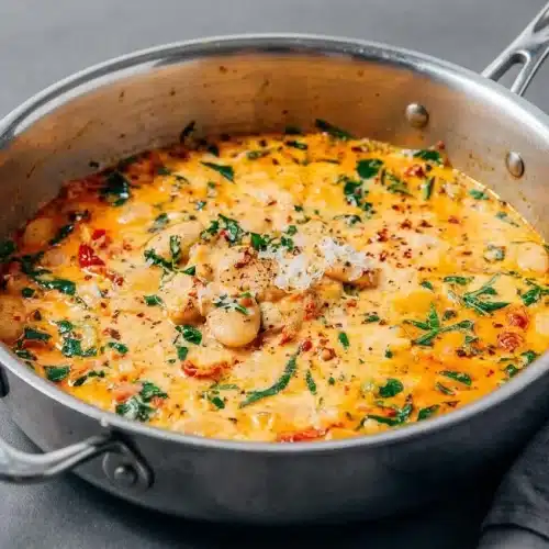 Marry me butter beans in a glossy garlic sun-dried tomato cream sauce topped with wilted spinach.