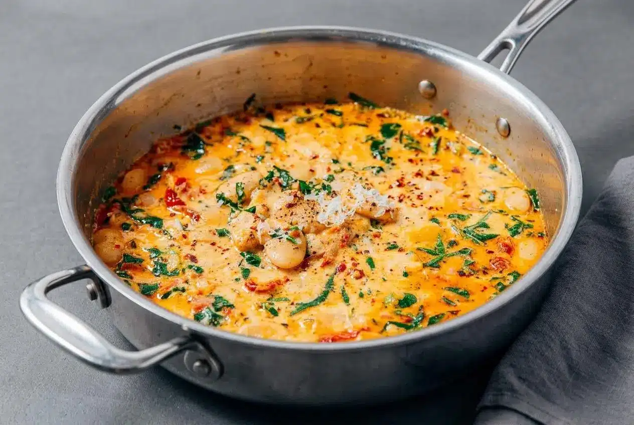Marry me butter beans in a glossy garlic sun-dried tomato cream sauce topped with wilted spinach.