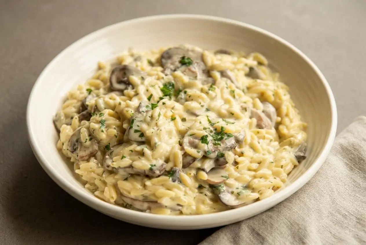 Creamy mushroom orzo served in a shallow bowl with browned chestnut mushrooms and a glossy parmesan finish.