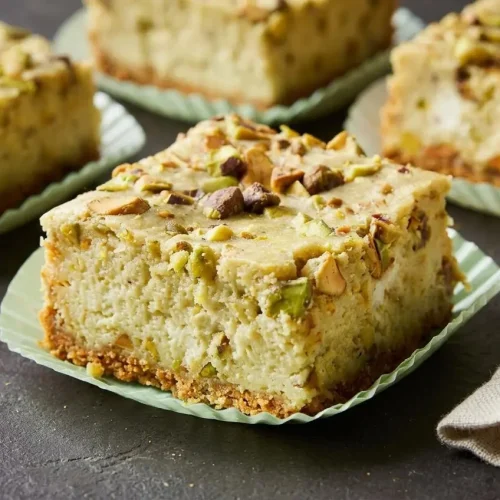 Chilled pistachio cheesecake bars with a creamy pale green filling, chopped pistachios, and a crisp graham cracker crust.
