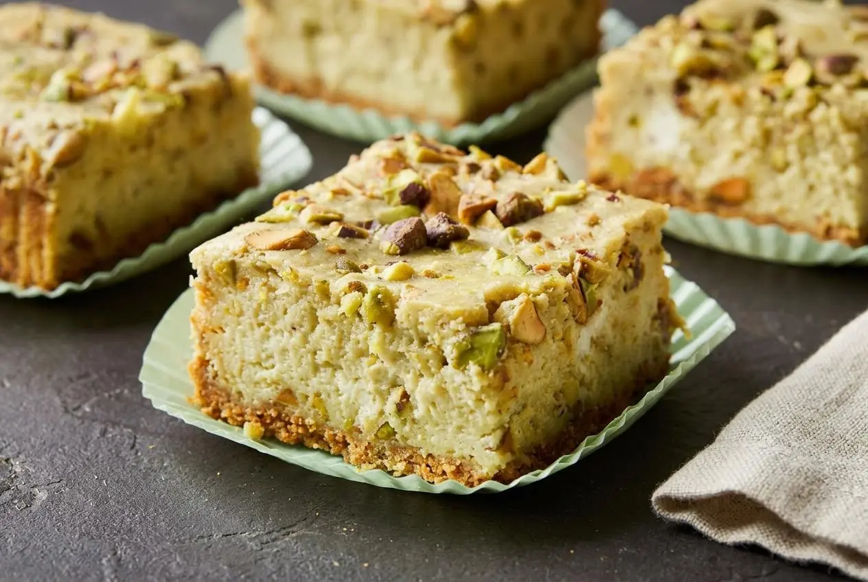 Chilled pistachio cheesecake bars with a creamy pale green filling, chopped pistachios, and a crisp graham cracker crust.