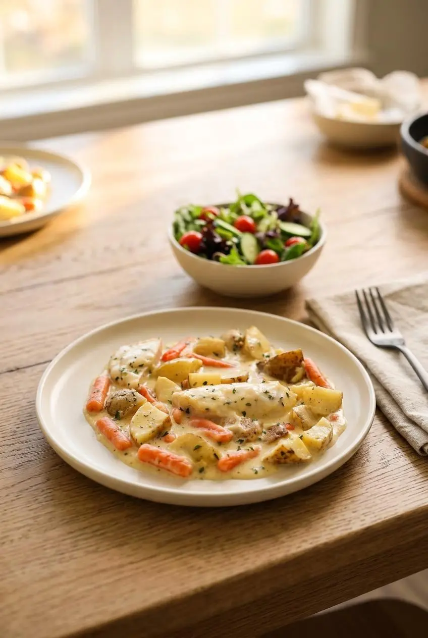 Plated creamy ranch chicken dinner with parsley garnish, potatoes, carrots, and a side garden salad.