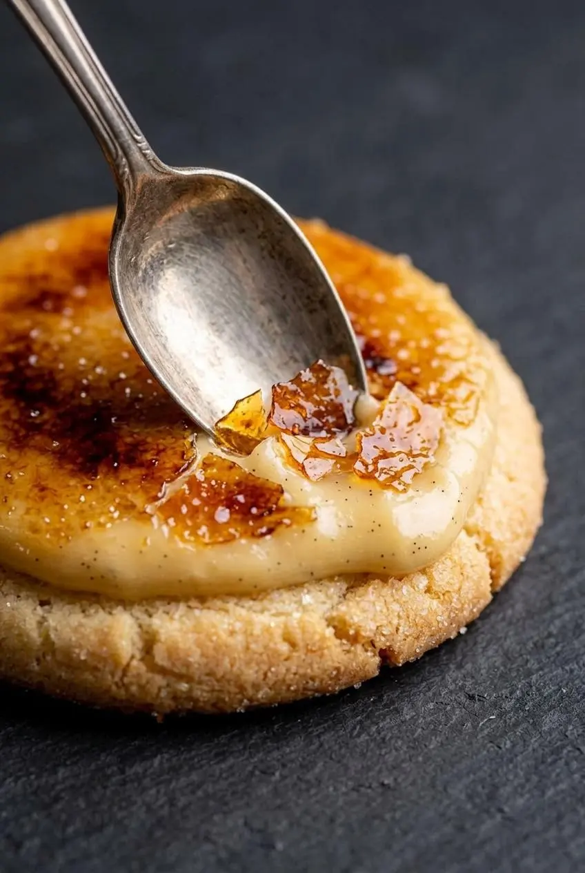 Cracked caramel crust on a creme brulee cookie showing thick vanilla bean pastry cream underneath.