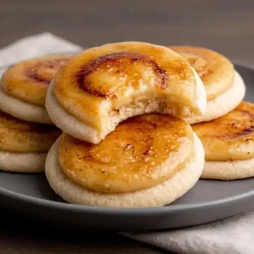 Creme brulee cookies recipe with golden crackly caramel crust over rich vanilla pastry cream.
