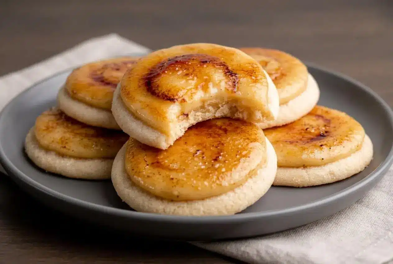 Creme brulee cookies recipe with golden crackly caramel crust over rich vanilla pastry cream.