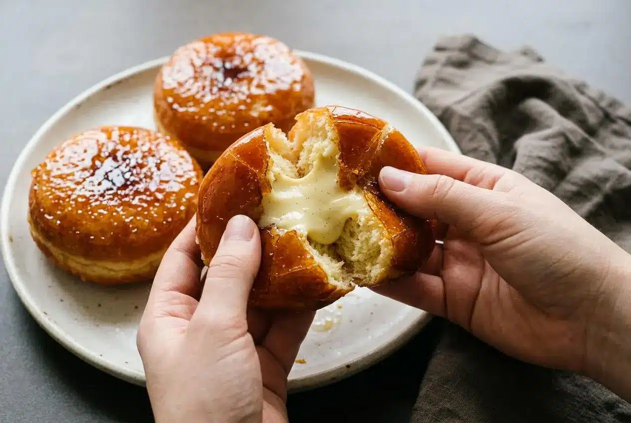 Homemade creme brulee donuts topped with a glossy amber caramel shell and filled with silky vanilla custard.
