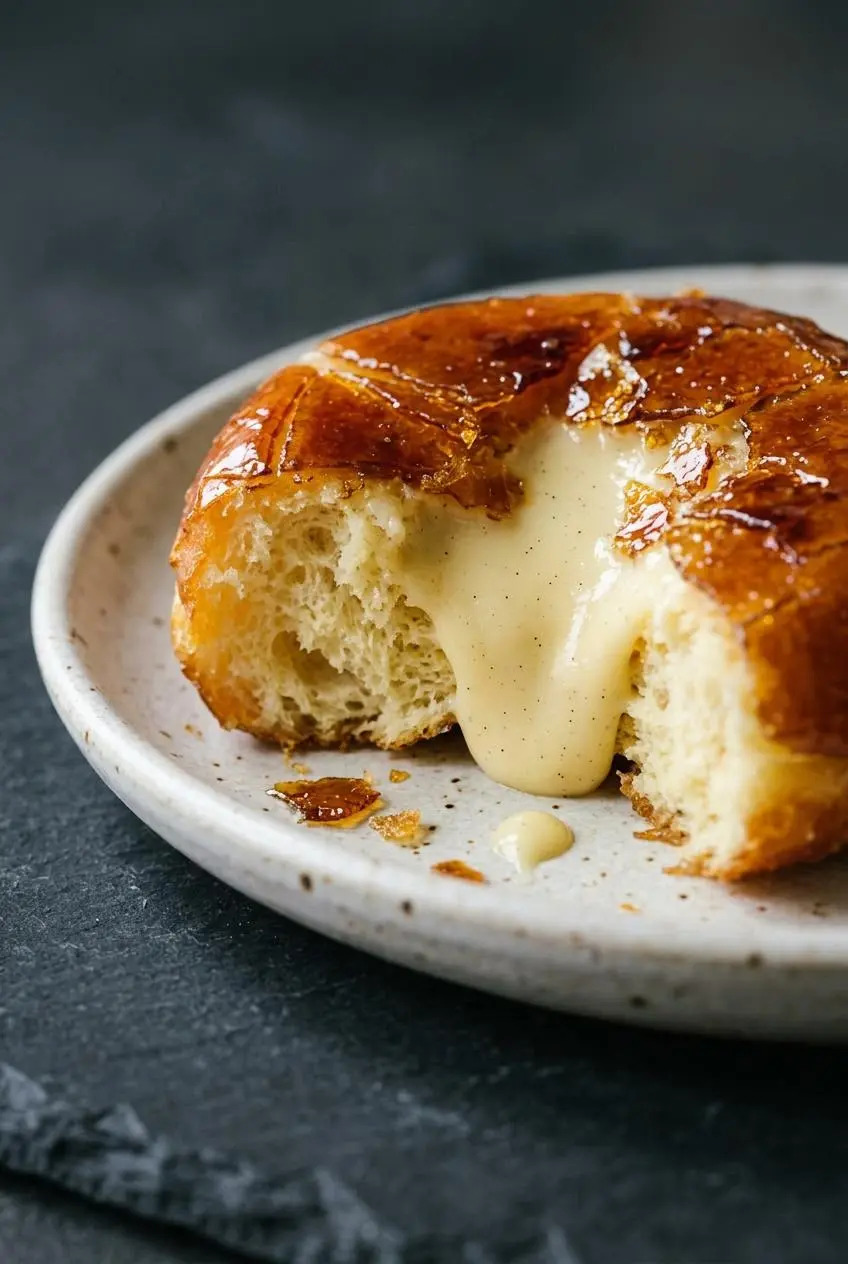 Close-up of a creme brulee donut broken open to show airy golden dough, creamy vanilla custard, and cracked caramel shards.