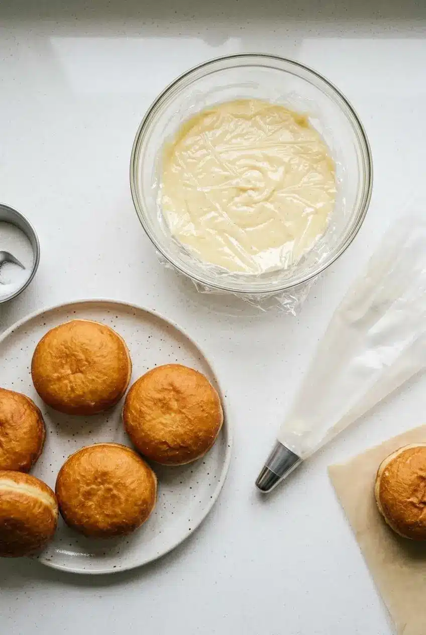 Bowl of vanilla custard with plastic wrap pressed on the surface next to unfilled fried donuts and a clean piping bag.