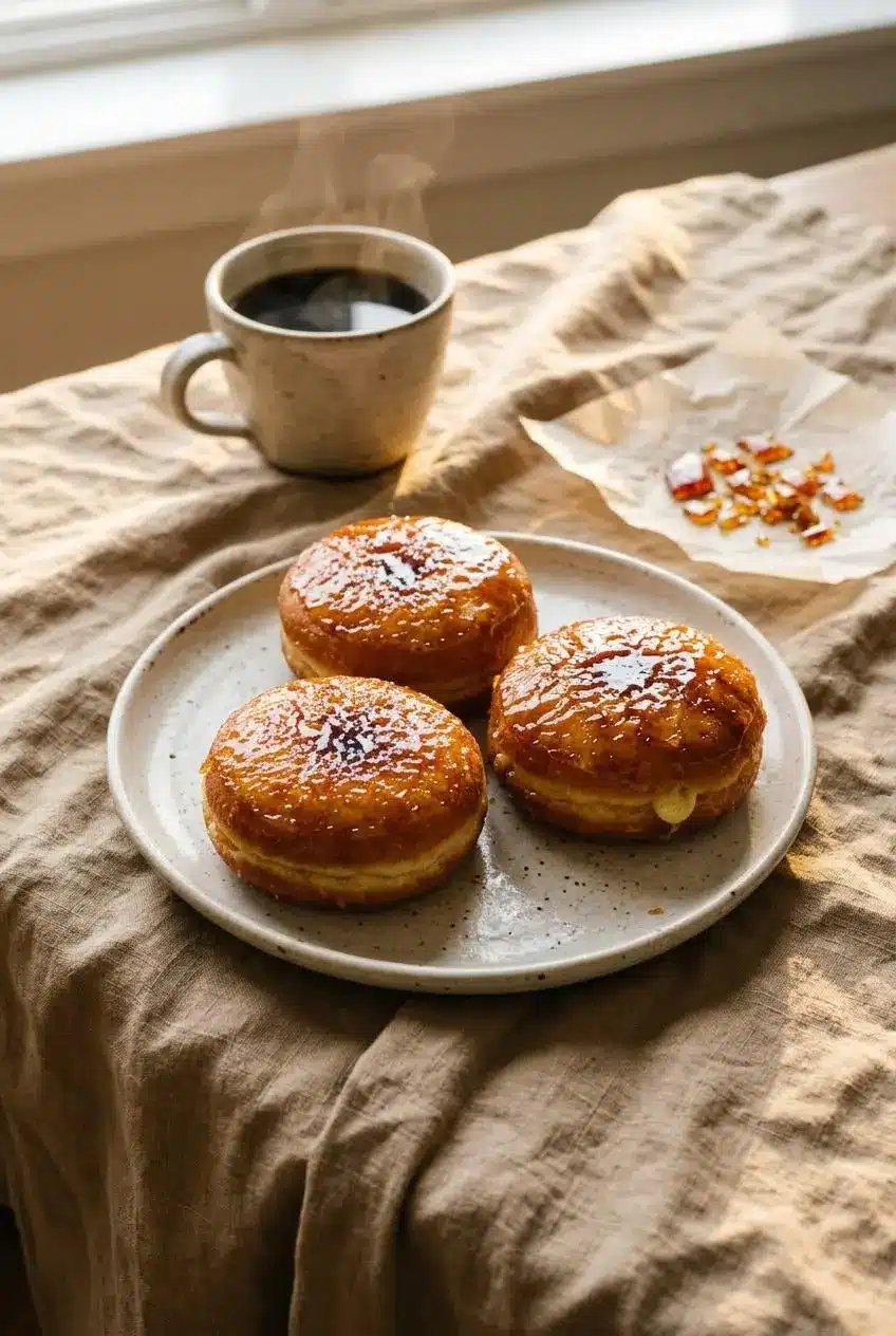 Finished creme brulee donuts on a linen brunch table beside a cup of hot black coffee and broken amber caramel pieces.