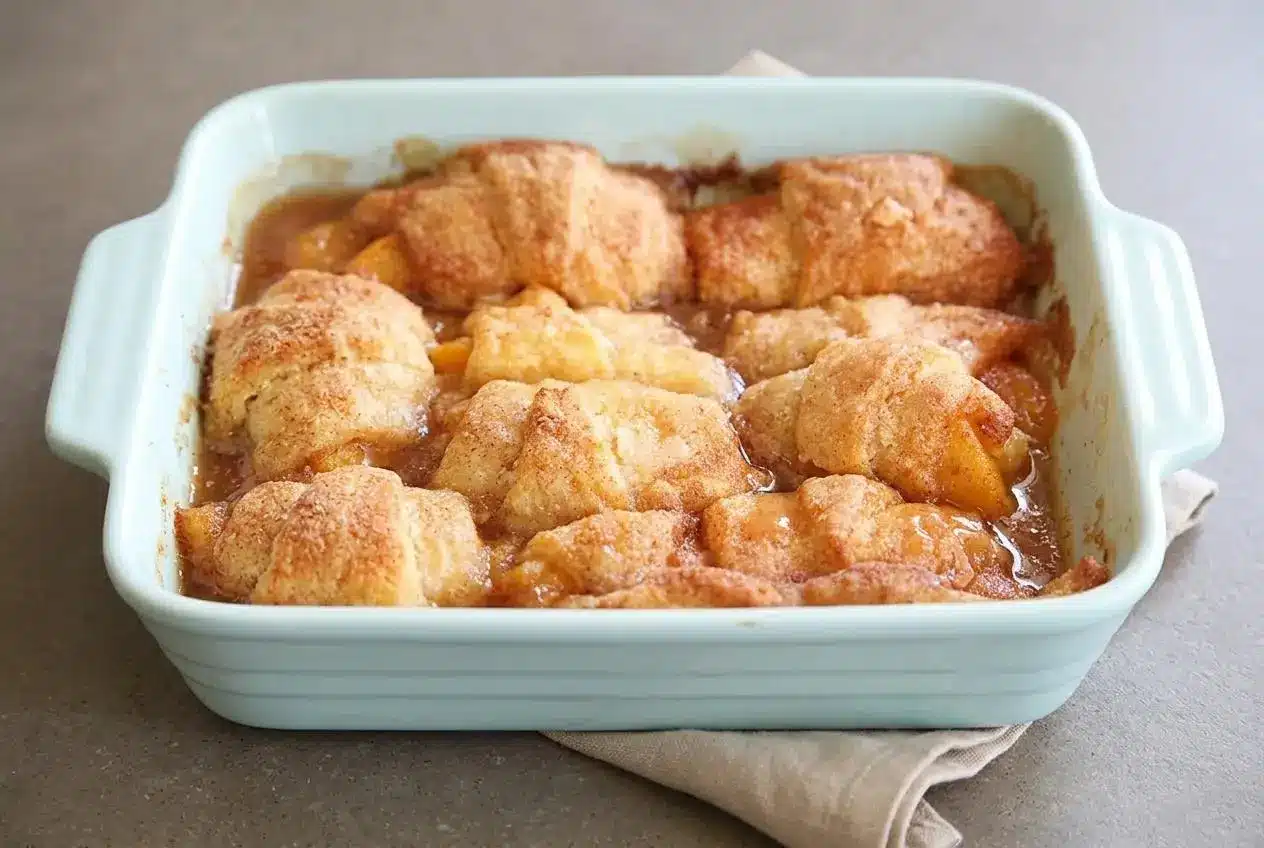 Golden baked crescent roll peach dumplings bubbling in sweet cinnamon butter syrup.