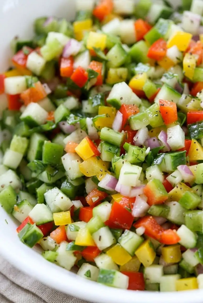 Crisp sliced cucumbers and sweet peppers showing dewy texture and light vinaigrette coating without watery pooling.