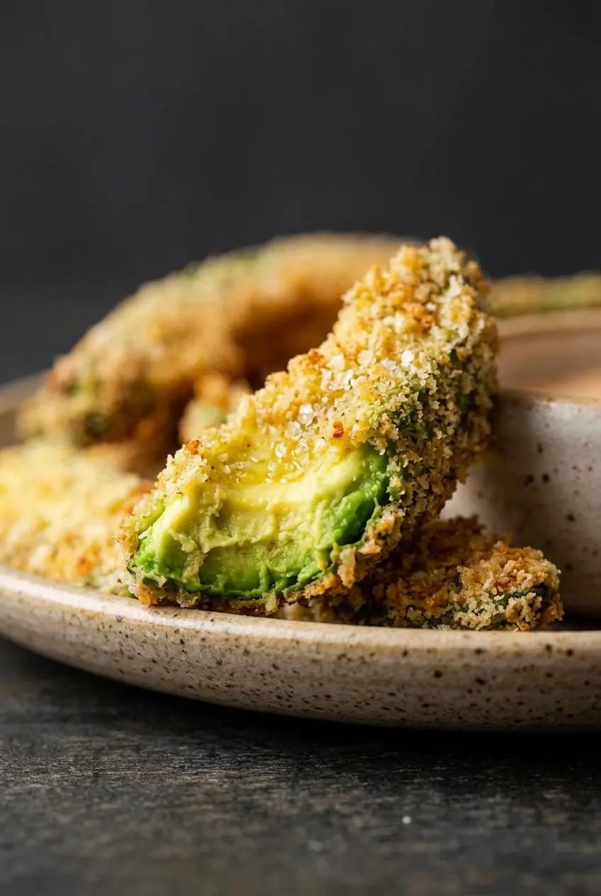 Close-up of a halved baked avocado fry showing the creamy green center and crisp golden panko crust