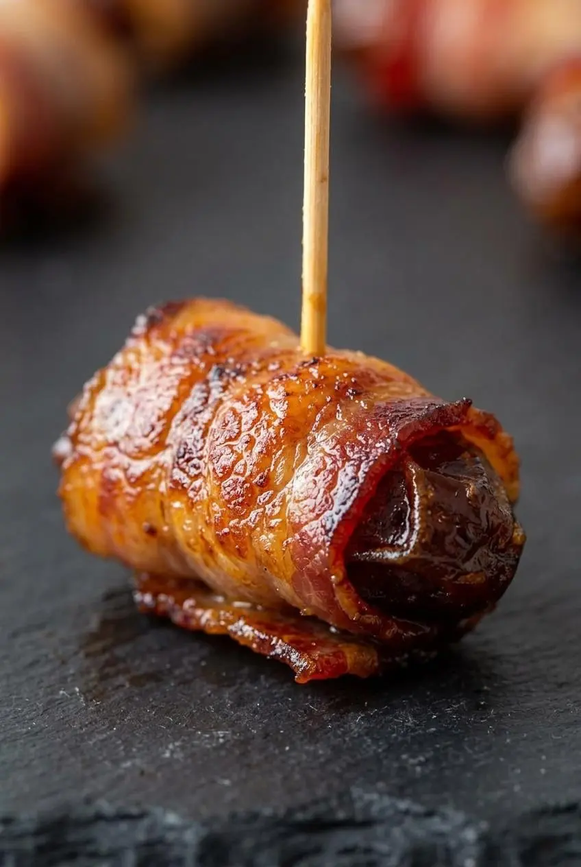 Macro shot of a crisp bacon wrapped date with blistered edges resting on a dark slate surface.