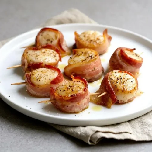 Oven-baked bacon wrapped scallops with crisp golden bacon and tender opaque centers secured with wooden toothpicks.