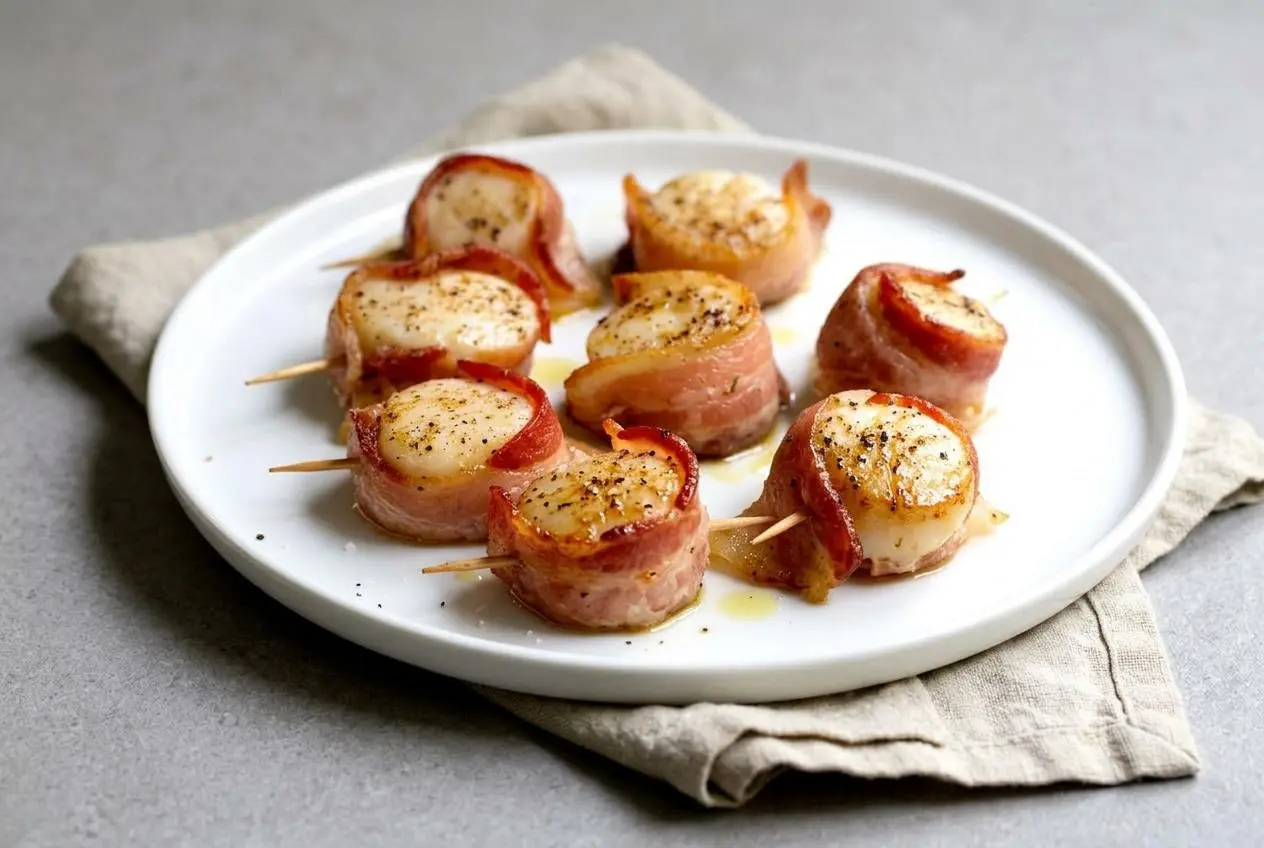 Oven-baked bacon wrapped scallops with crisp golden bacon and tender opaque centers secured with wooden toothpicks.