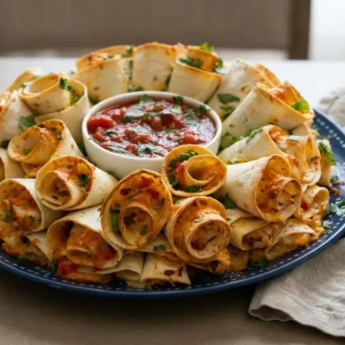Baked blooming quesadilla ring with crispy golden tortilla edges, melted cheese, and seasoned chicken filling