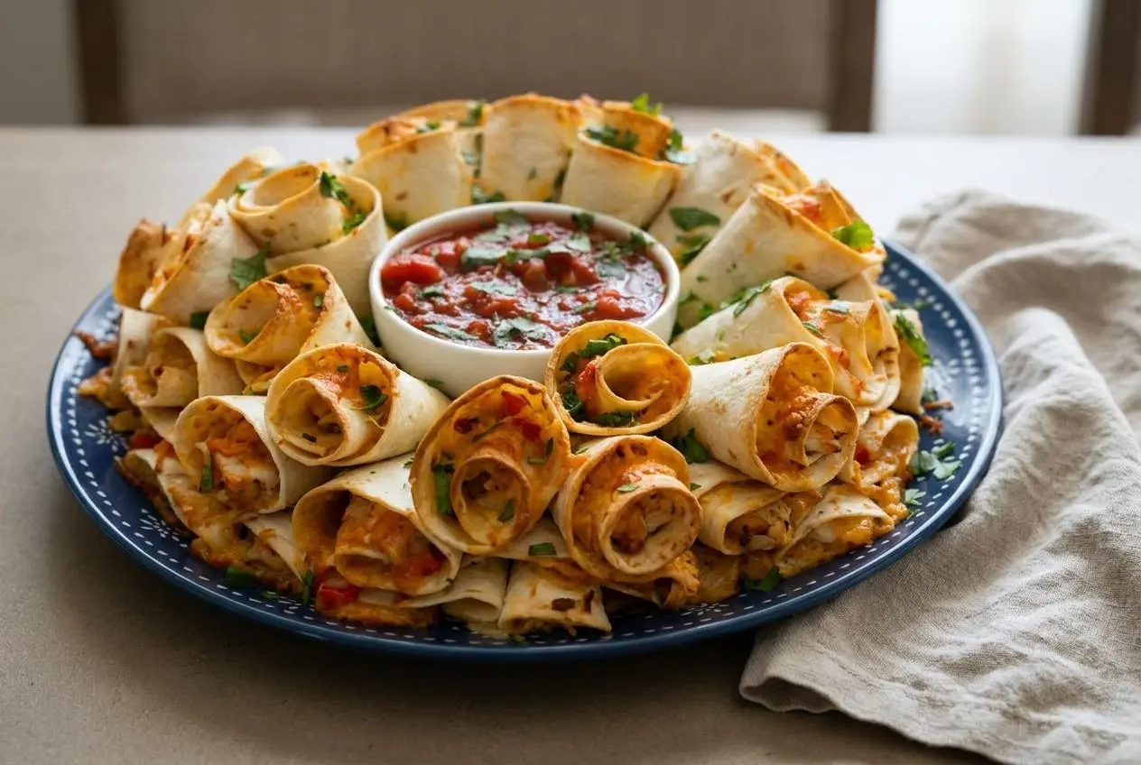 Baked blooming quesadilla ring with crispy golden tortilla edges, melted cheese, and seasoned chicken filling