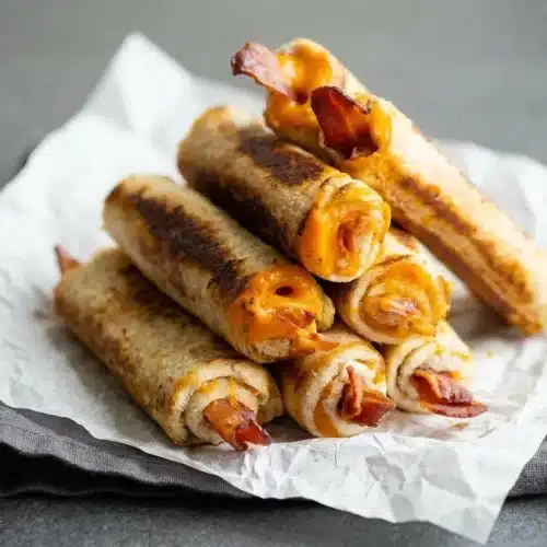 Golden crispy cheesy bacon rolls with melted sharp cheddar and cooked bacon wrapped in toasted white bread.