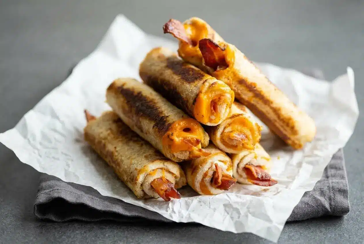 Golden crispy cheesy bacon rolls with melted sharp cheddar and cooked bacon wrapped in toasted white bread.