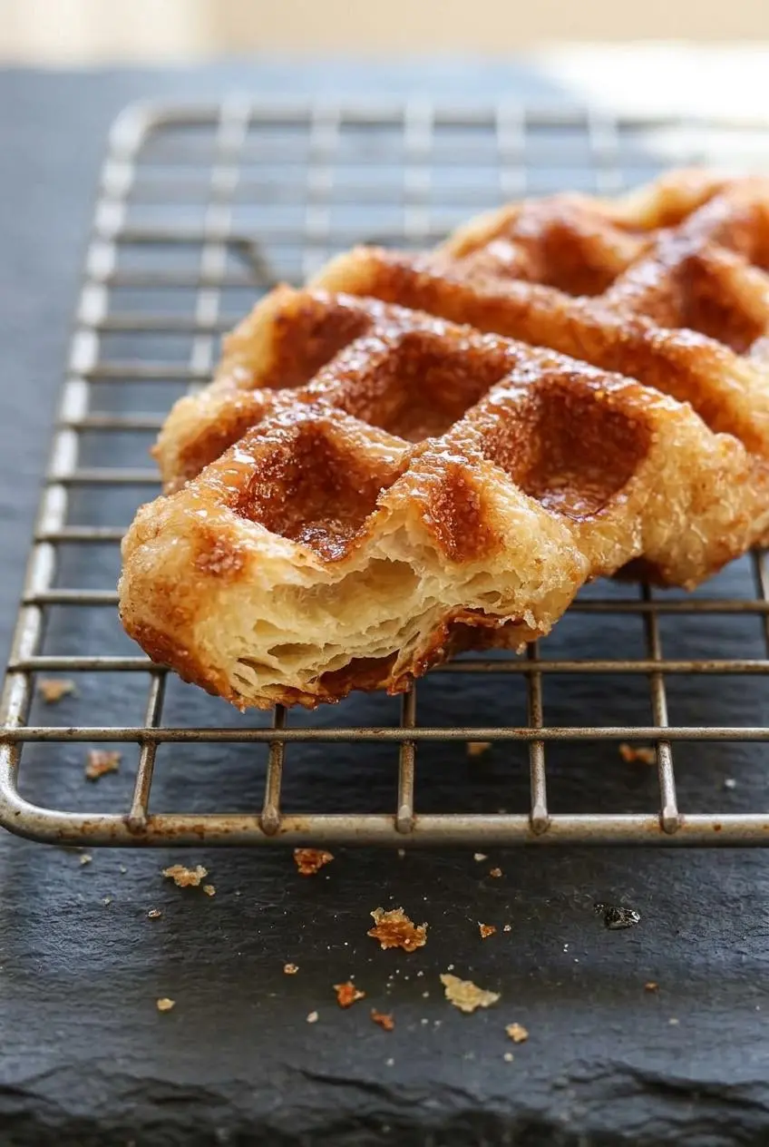 Close-up of a freshly cooked croffle cooling on a wire rack showing flaky layers and a glossy sugar crust
