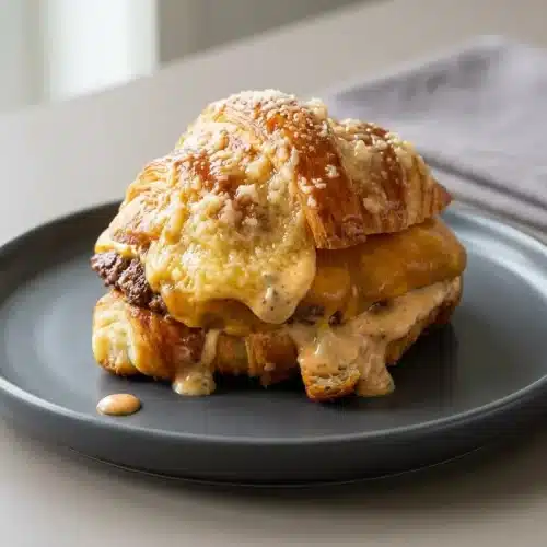 Croissant smash burgers featuring crispy beef patties, melted cheese, and golden flaky toasted pastry.